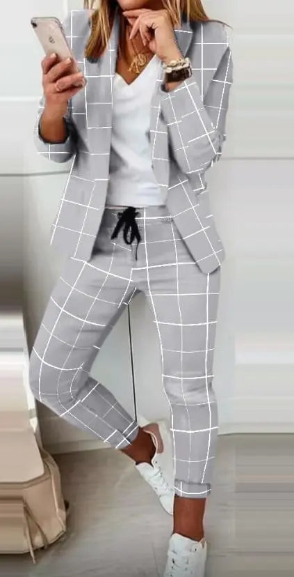 Two Piece Set Outfit Fashion New Plaid Print Long Sleeve Elegant Blazer Coats & Drawstring Office Layd Work Pants Set women suit