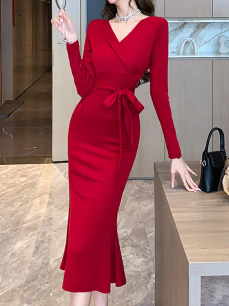 Fashion Woman Elegant Bodycon Slim Midi Dress Vintage Sexy Casual Lace-up Prom Party Dresses Chic Solid Female Women Prom - Women Contemporary