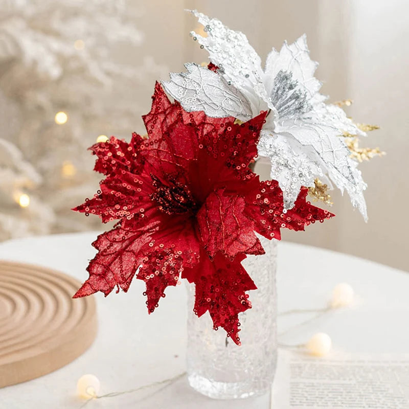 Glitter Artificial Christmas Flowers Xmas Tree Ornaments Merry Christmas Tree Decorations New Year Wedding Party Home Decoration