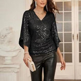 Woman Glitter Shirt Elegant Shiny Sequin V Neck Blouse for Woman Three Quarter Sleeve Soft Breathable Pullover Lady Commute women prom - women casual