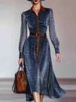 Elegant Woman Dresses Retro Turndown Collar Leopard Print Long Dress Autumn Single Breasted Long Sleeve Western Cowboy Dress