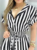 Striped Colorblock Ruffles Shirt Dress Women Short Sleeve V Neck Mini Women Short - Women Prom