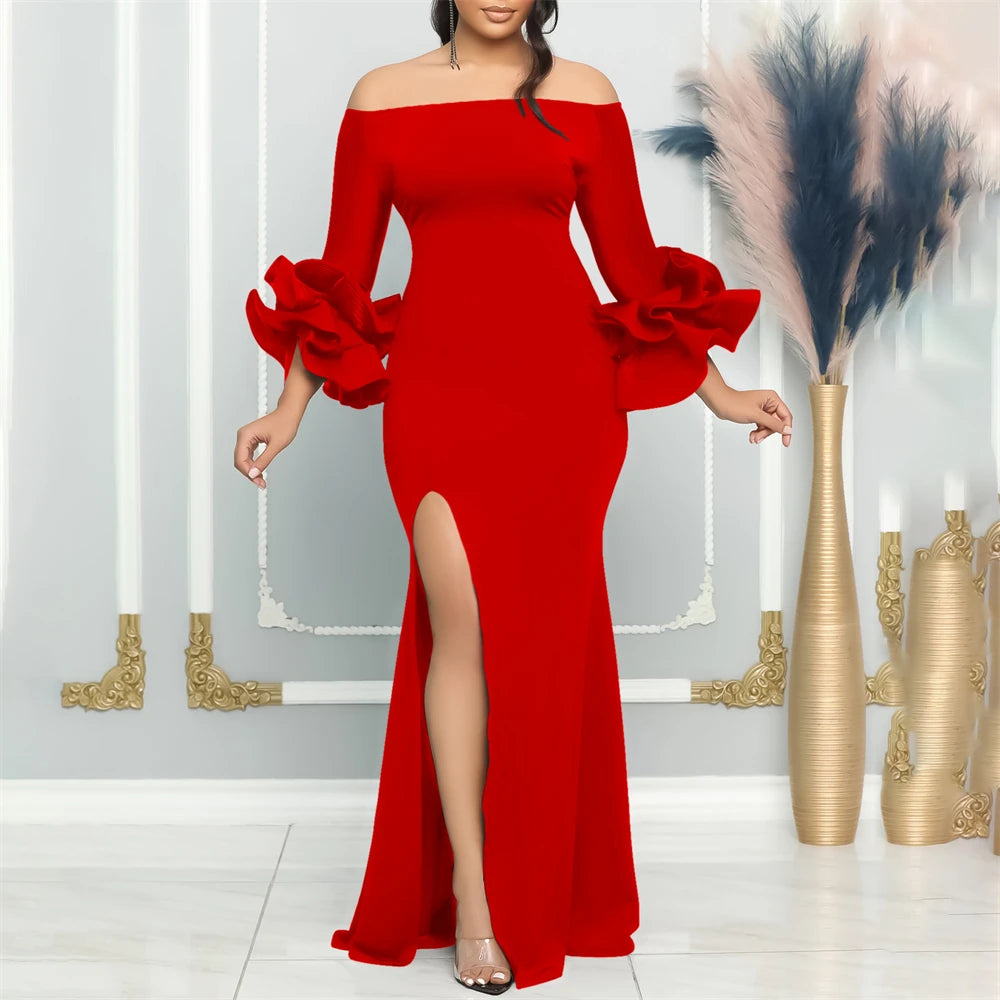 Party Dresses Woman Evening Elegant Sexy Off Shoulder Ruffle Sleeve Slit Formal Dress Wedding Africa Bodycon Gown Women Plus Size Clothing - Women Prom - Women Tees