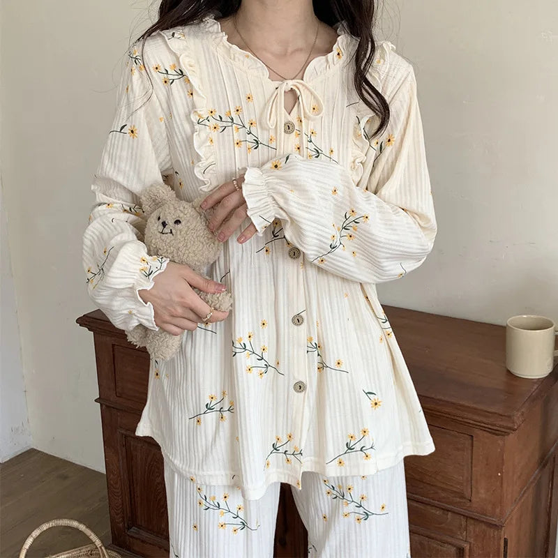 Spring Autumn Knitted Cotton Leisurewear Pajamas Woman Fashion Sleepwear Suit Long Sleeve Print Female Loungewear Women Lounge