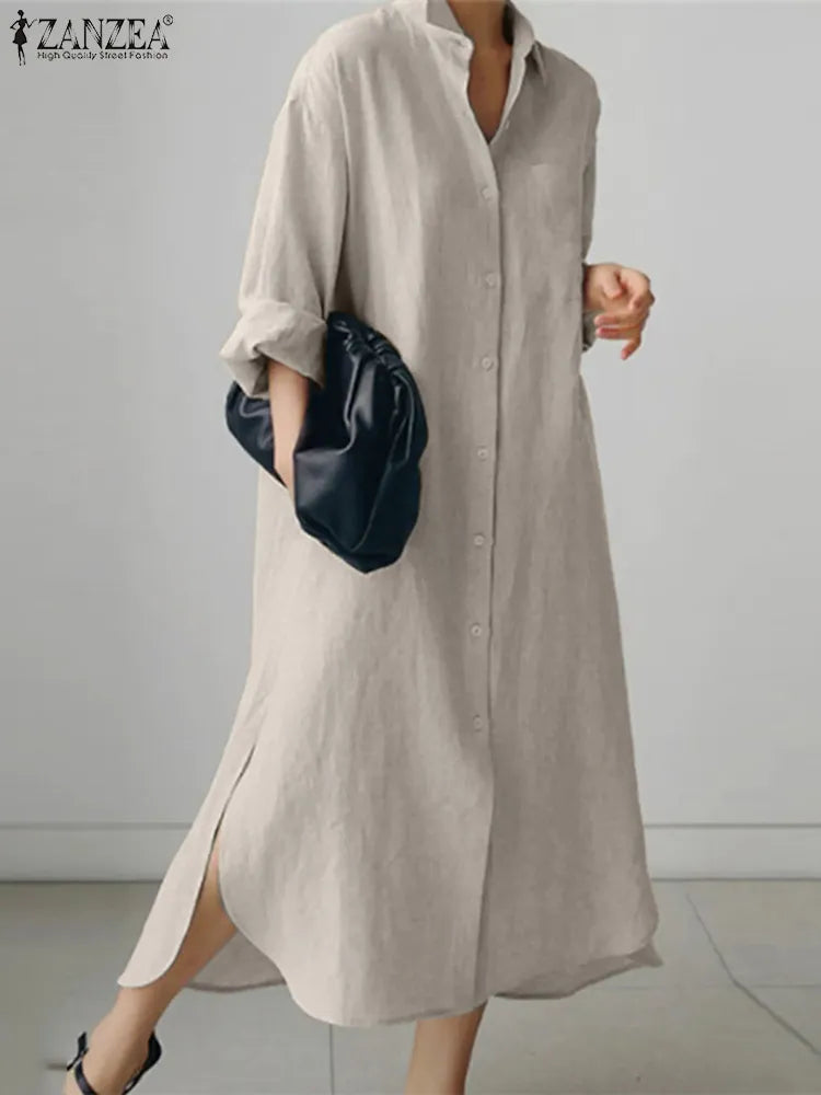 Woman Long Shirt Dress ZANZEA Spring Lapel Neck Long Sleeve Midi Sundress Elegant Work Buttons Down Vestido Robe Femme Oversize Women Casual - Women Plus Size Clothing