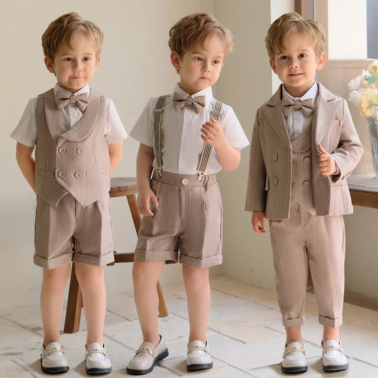 Children's Khaki Striped Suit Set Suspenders Long Shorts Vest Shirt Bowtie Clothes Kids Wedding Birthday Party Costume Boys Shirt - Boys Clothing