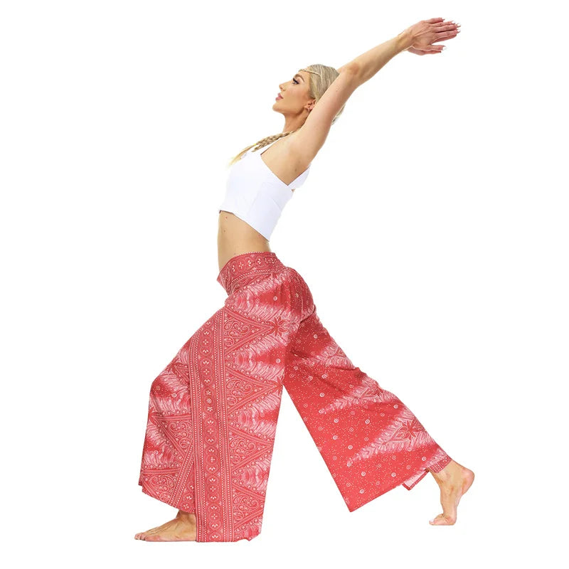 Woman Casual Slit Wide Leg Pants Boho Yoga Pants Hippie Bohemian Pilate Summer Beach Elastic Closure High Waist Baggy Women Trousers