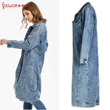 Fashion Blue Inelastic Long Denim Trench Coat Coats Casual Pocket Trench Denim Women Vintage Jeans Jacket Women Jeans - Girls Jeans