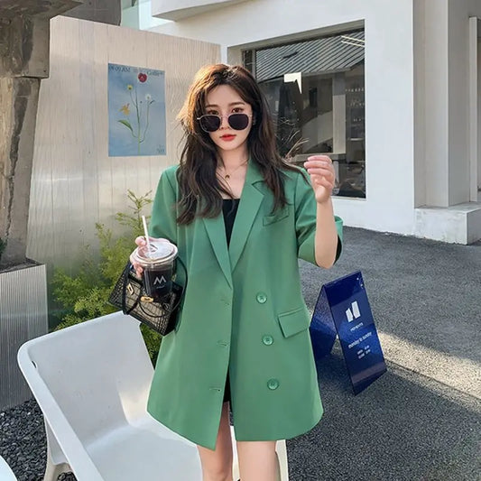 Business Casual Korean Loose Long Straight Solid Button Pockets Blazers Women's Clothing Notched Tops Spring Autumn Women Plus Size Clothing