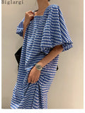 Fashion Square Neck Plaid Puff Sleeve Loose Dress Summer Woman Korean Ladies Chic New Dresses Elegant Women Casual - Women Plus Size Clothing