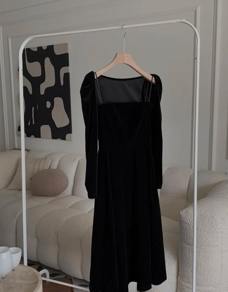 French Black Velvet Spaghetti Strap Midi Dresses for Woman Autumn Elegant Party 2-piece A-line Evening Prom Female Clothing women prom - women contemporary