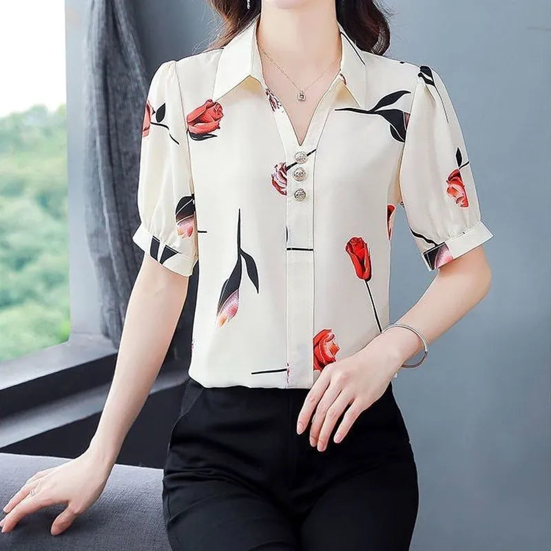 Summer New Chiffon Printing All-match Blouse Polo Neck Short Sleeve Loose Plus Size Shirt Tops Elegant Fashion Women Plus Size Clothing