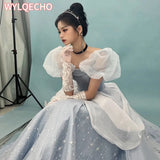 Blue Dress Engagement Jacquard Dress France Vintage Sweet Korean Princess Fairy Dress Evening Party Dress Women Prom