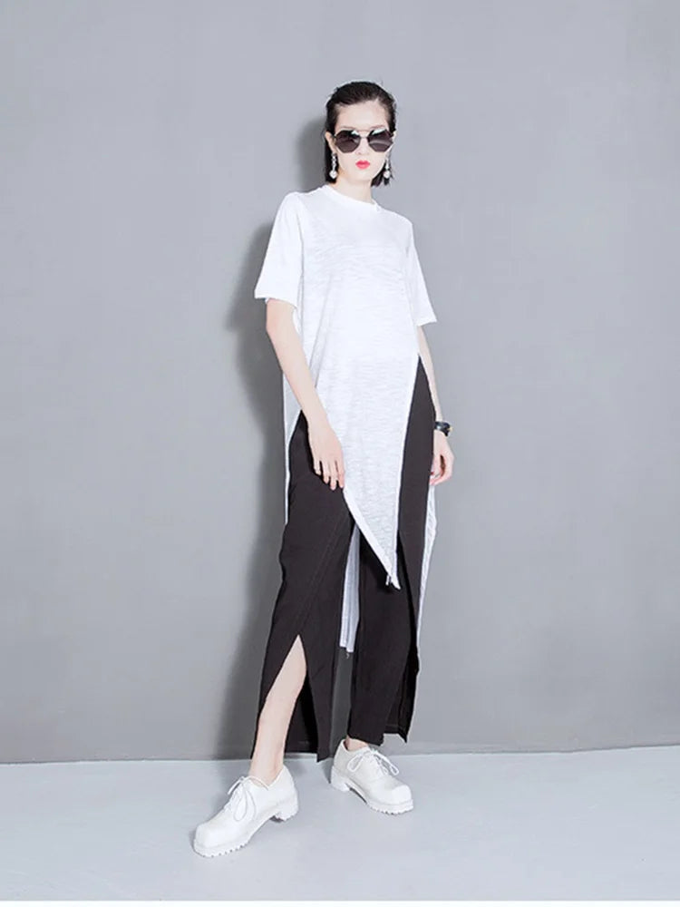 Women White Solid Color Asymmetrical Vent Long T-shirt New Round Neck Short Sleeve  Fashion Tide  Women Tops & Tees