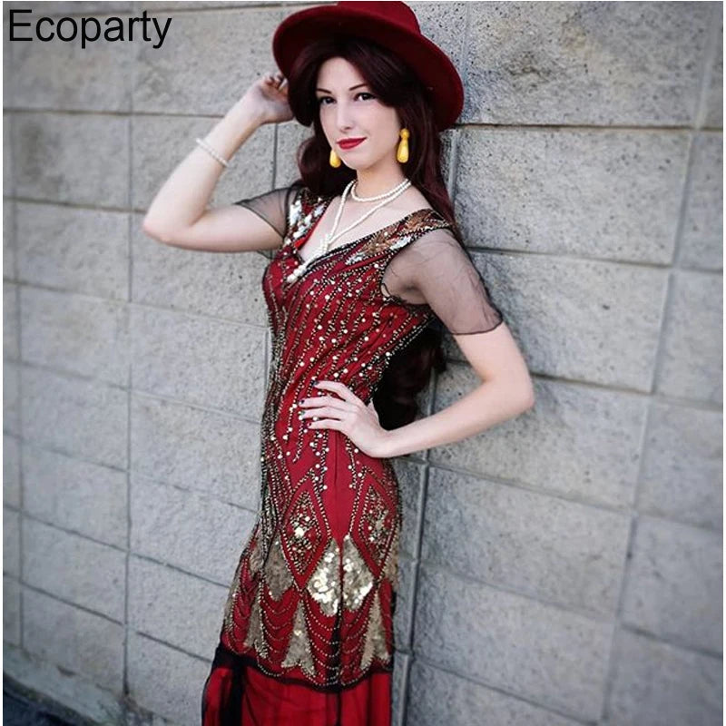 Women Gatsby Dress Vintage V Neck Sequins Beads Maxi Cocktail Party Flapper Dress Mesh Gown Long Elegant Women Prom