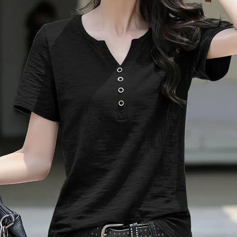 Women's Blouse Clothing V-neck Button T-shirt Spring Summer Loose Large White Short Sleeve Solid Elegant Women Casual - Women Tops