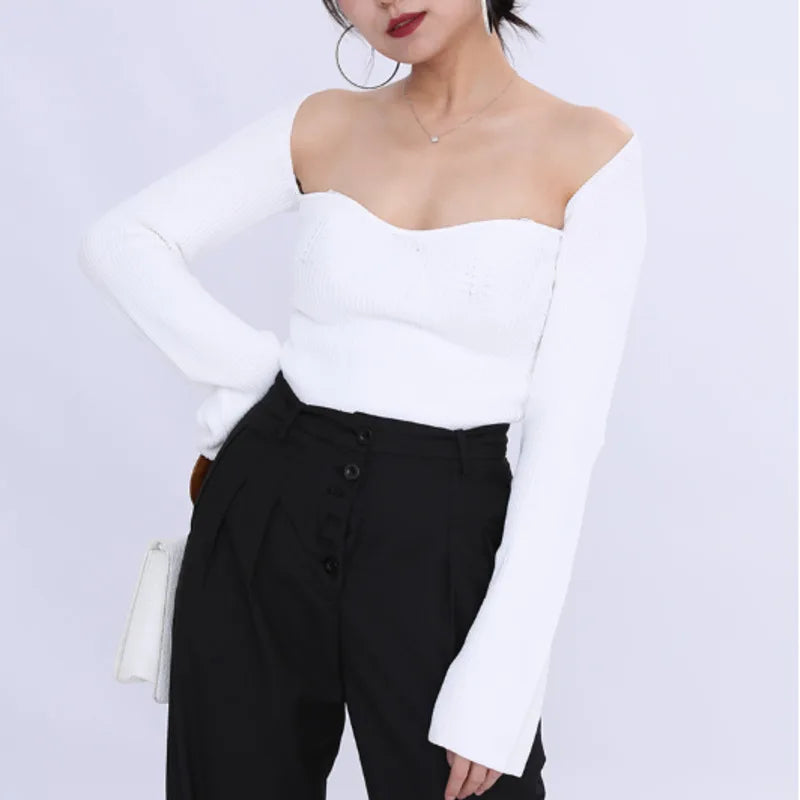 DEAT New Autumn Sexy Stylish Square Collar Full Sleeves Knitting Pullover Sexy Slim T-shirt women tops - women Contemporary