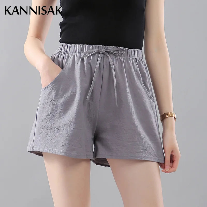 Summer Korean Wide Leg Casual Solid Drawstring Elastic Waist Shorts Girls Cotton Women's Mini Biker women short