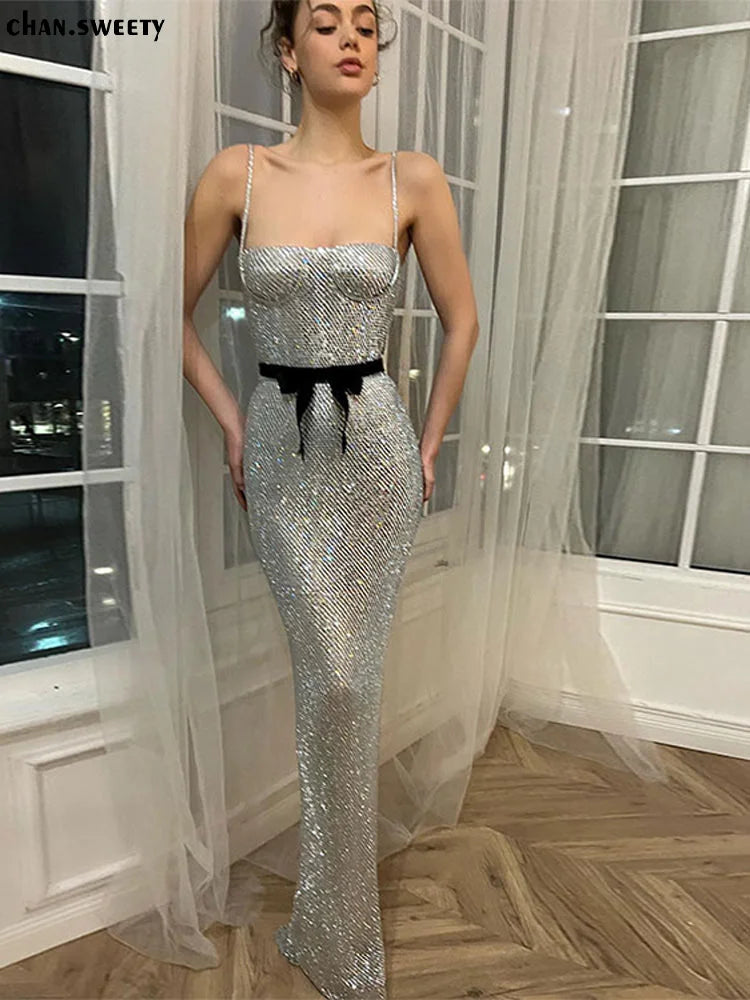 Sexy Sequin Sling Silver Maxi Dress Fashion High Waist Sleeveless Bodycon Robe Female Evening Prom Party Vestidos women prom