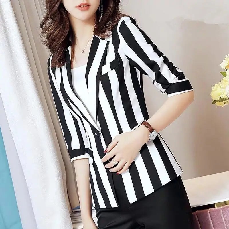 Striped Blazers Spring Summer Women's Clothing Thin Leisure Simple V-neck Cardigan Pockets Button Skinny Formal Women Plus Size Clothing - Women Dress For Work