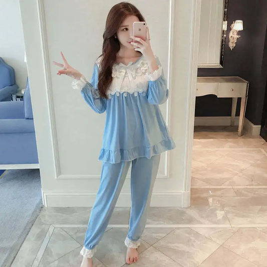 Pajama Sets Woman Long Sleeve O-neck Lace Patchwork Loose Sweet Princess Cute Sleepwear Spring Casual Home Wear Fashion Women Lounge