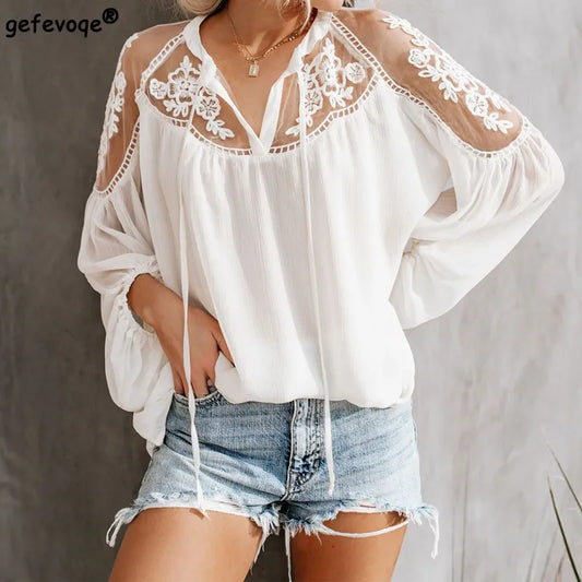 Summer Solid Color Chiffon Sexy  Shirts Loose V-neck Lace Hollow Out Embroidery Blouses Korean Fashion Women Tops - Women Prom - Women Casual