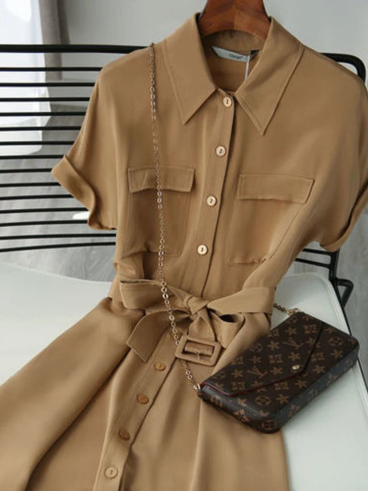 Summer New Light Luxury Imitation Mulberry Silk Shirt Skirt Over-the-knee Lace-up Dress Single-breasted Women Work Dress