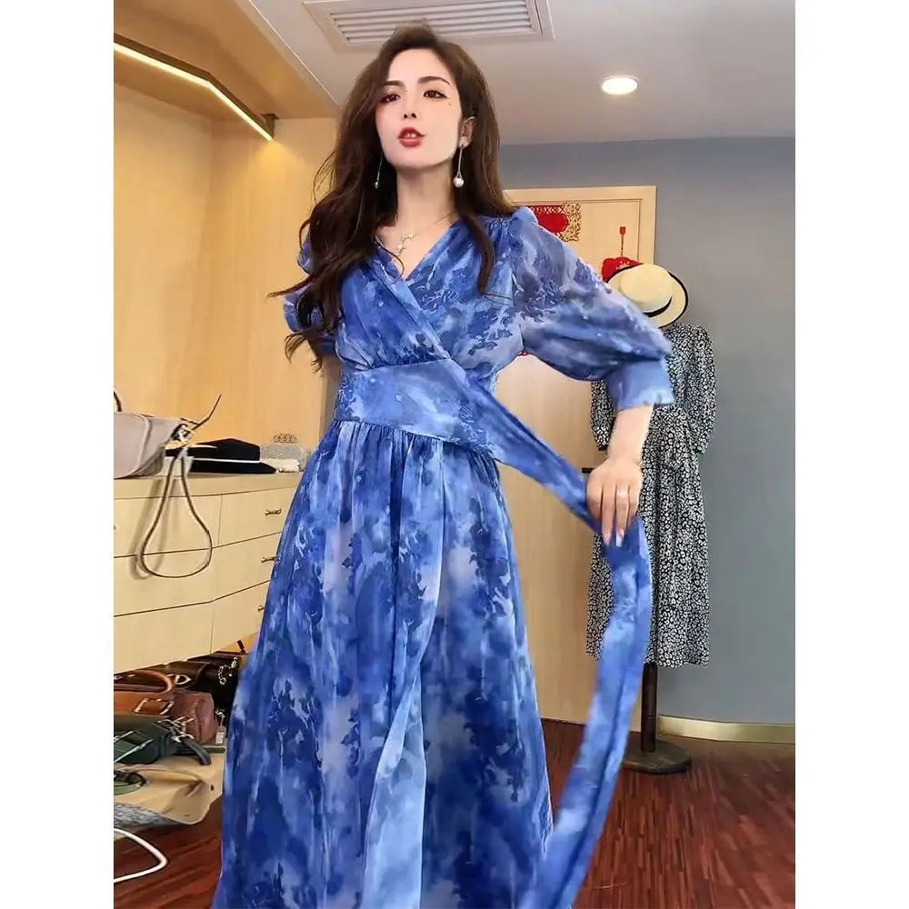 Korean Fashion Puff Sleeve Floral Dress Loose Waist With Bandage New Women's Summer Dresses Elegant Midi Vestidos Mujer Women Casual - Women Prom