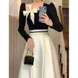 Elegant Hepburn Women's Dresses Spring Korean Fashion Chic Square Collar Bow Long Sleeve Vestidos Patchwork Prom A-Line Dress women prom - women contemporary