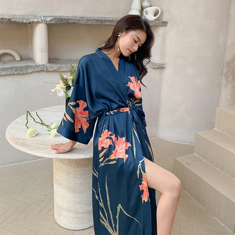 Female Long Robe Nightgown Sexy Print Flower Kimono Bathrobe Gown Casual Silk Satin Home Dress New Spring Summer women lounge