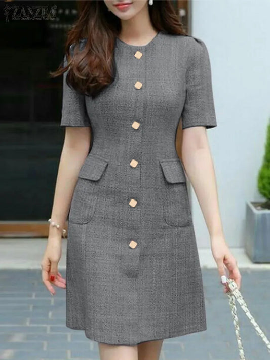 ZANZEA Elegant Woman Short Sleeve Slim Fit Dress Korean Fashion Summer Sundress Stylish Buttons Down OL Work Vestido Robes Women Dress For Work - Women Short