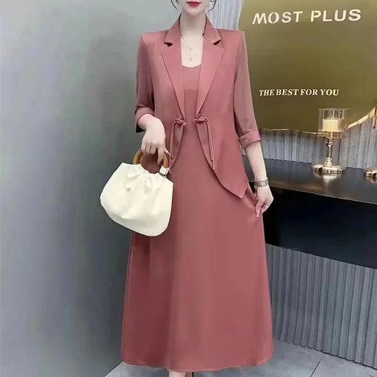 Popular online fashion import high-end suit suit skirt spring and summer heavy industry thin suit+Slip Women Dress For Work