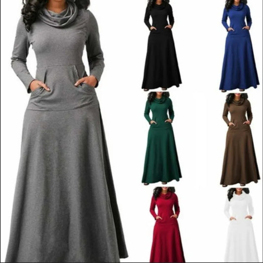 5XL Elegant Long Maxi Dress Autumn Winter Warm High Collar Woman Long-sleeved Dress With Pocket Women Casual - Women Plus Size Clothing