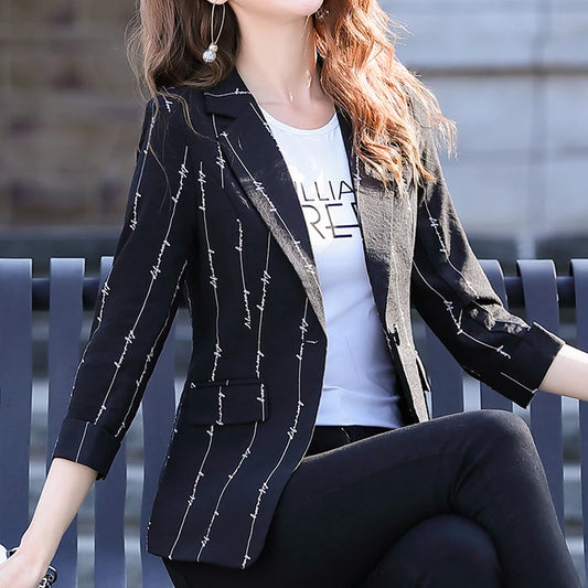 Women's Tops Cotton Fashion Suit Coat Female 2023 Spring Short Stripe Print Small Suit Blazers Women Blazers and Jackets Women Suiting & Blazers