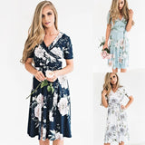 Woman Summer Chiffon Dress Boho Midi Flowers Printed Short Sleeve V-neck Dress Evening Party/Beach Dress/Floral Sundress Women Casual - Women Sleep