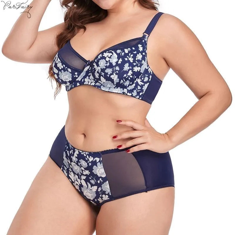 Parifairy 38D-48D Plus size women's floral bra & brief set large size underwear femme sexy bra and panty set women lingerie