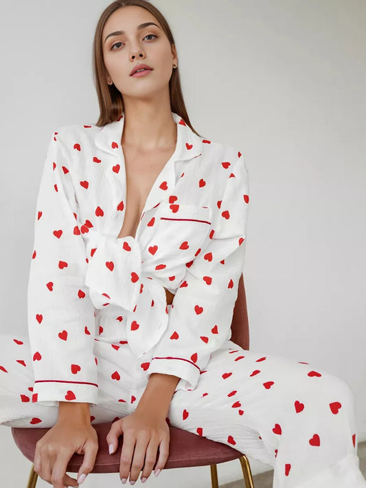 Two-piece set Pajamas for ladies sweet cotton lovely Heart Printed Turn-down Collar Long-sleeve Trousers Sleepwear for sleeping Women Sleep