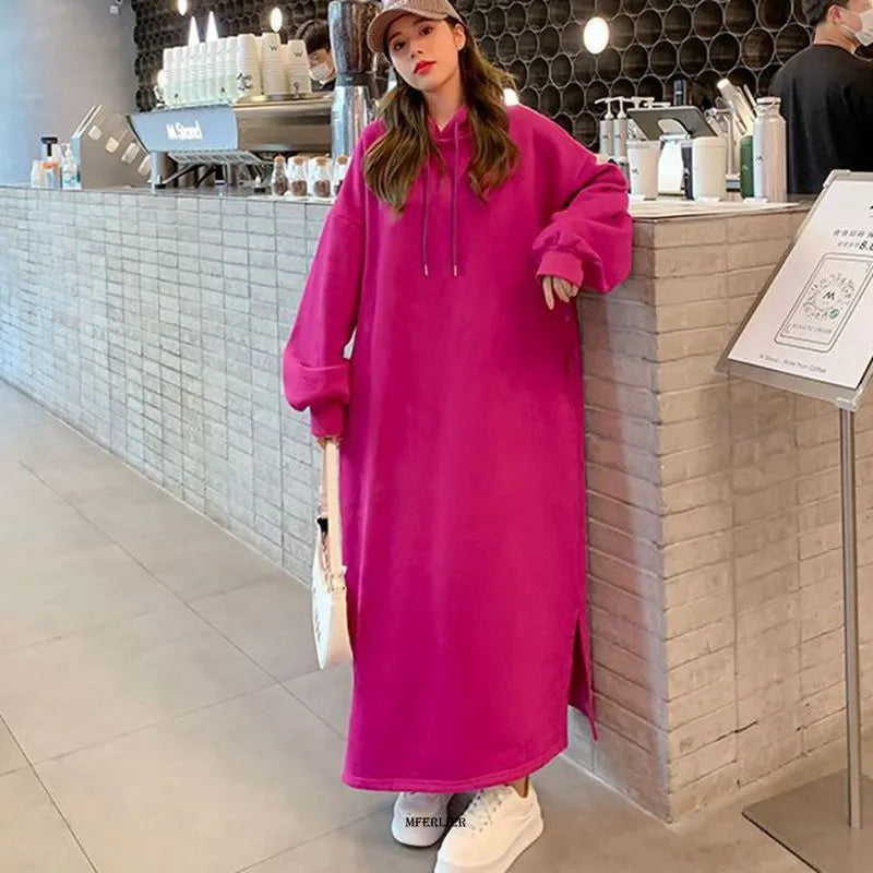 Plus Size 6XL 150kg Winter Woman Fleece Dress Loose Waist Long Sleeve Long Dresses Ladies Big Size Dress Women Casual