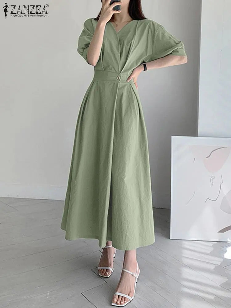 ZANZEA Woman V Neck Solid Dress Pleated Sundress Summer Femme 
 Vestido OL Korean Fashion A Line Dresses Baggy Robe Women Work Dress