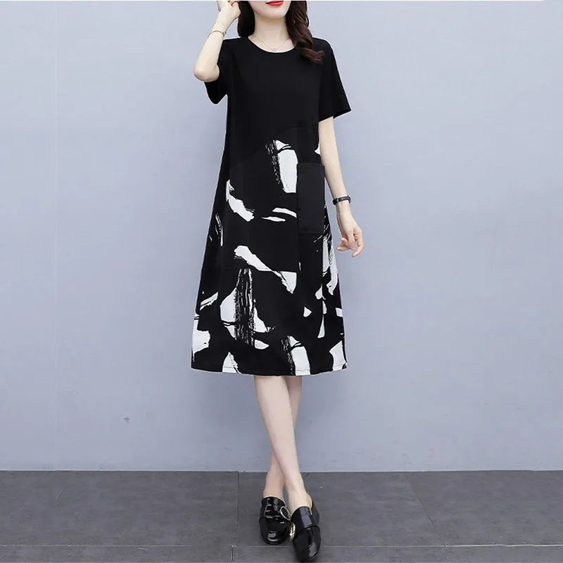 Crew Neck Printing Dress Female Summer New Coat Fat Mom Show Thin Age Reduction Woman Autumn Splicing Bottoming Dress Women Casual - Women Tops