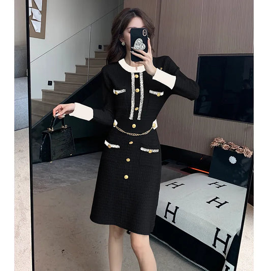 New Autumn Winter Fashion Knitted Women Midi Dresses with Long Sleeved O-neck Elegant Chic Office Lady Party Dress Women prom