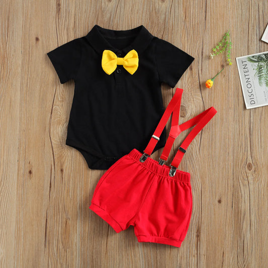 Summer Baby Boys Clothes Gentleman Set Short Sleeve Bow Tie Decorations Solid Color Romper with Suspenders Short Pants 2Pcs Boy shorts - Girls Short