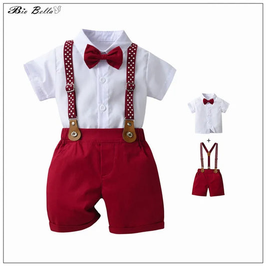 Kids Summer Clothes Suit Formal Gentlemen For 1-4 Year Outfits Short-Sleeve TShirt+Pants Belt Wedding Birthday  Children Costume Boy shorts