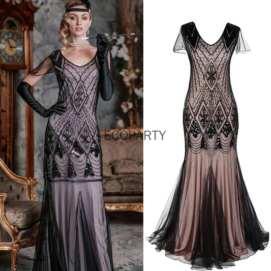 Women Gatsby Dress Vintage V Neck Sequins Beads Maxi Cocktail Party Flapper Dress Mesh Gown Long Elegant Women Prom