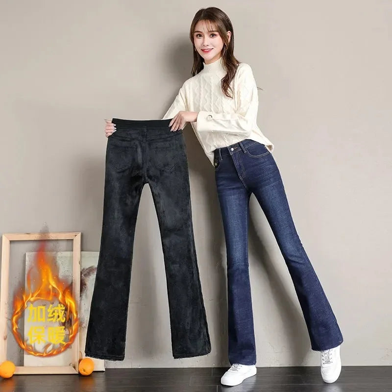 Vintage Plush Lined Flare Jeans Women New Winter Warm Casual Skinny Vaqueros Thicken Stretch Denim Pants High Waist Bell-bottoms Women Jeans