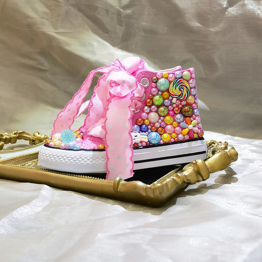 Random Lollipop Rainbow Candy Canvas Simulation DIY Kids Pearls Sneakers For Birthday Party Dollbling Handmade Bling Girls Shoes