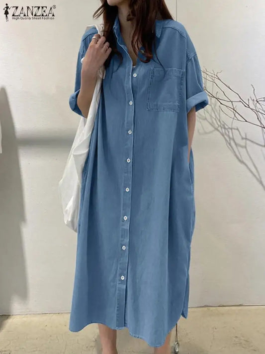 ZANZEA Vintage Denim Dress Woman Short Sleeve Lapel Neck Shirtdress Fashion Solid Sundress Elegant Work OL Vestidos Oversized Women Plus Size Clothing - Women Prom