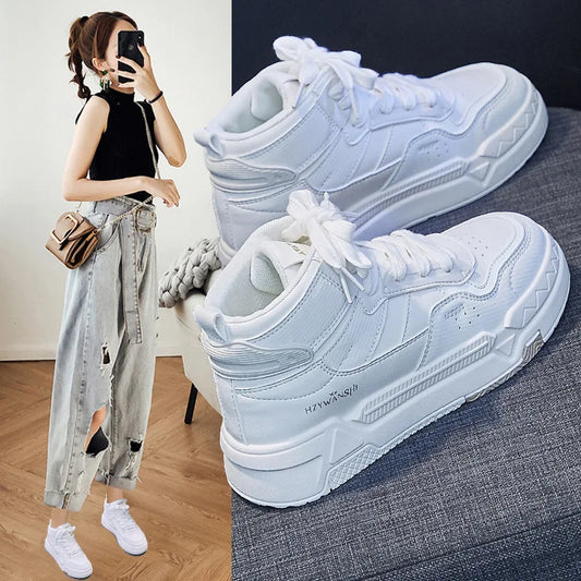 New in Casual Ankle High Top Flats Lace-up Platform White Short Booties Women Shoes