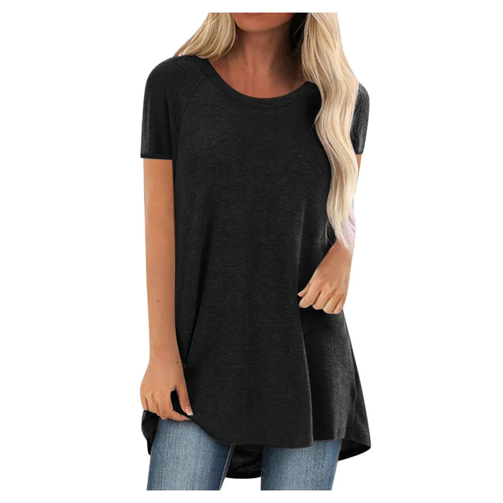 Plus Size New Women's Tunic Solid Fashion Long Shirts Round Neck Short Sleeve Casual Blouses Summer Women Plus Size Clothing