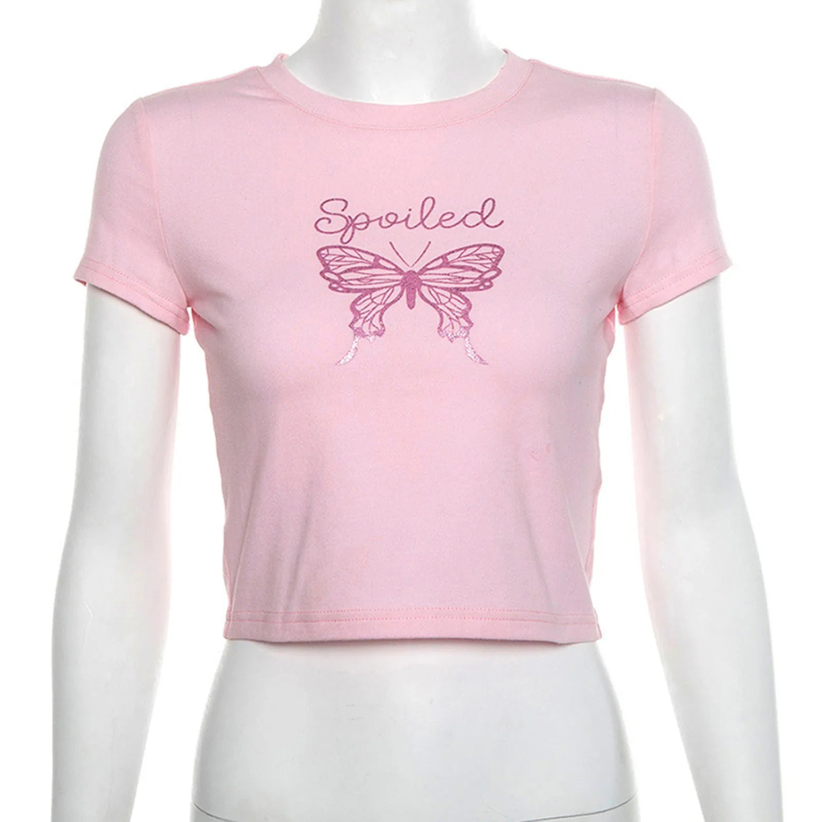 Cute E Girl Harajuku Pink T-Shirts Woman Summer Short Sleeve Glitter Butterfly Print Y2K Crop Top Fairy Aesthetic Clothes Women Casual - Women Tops